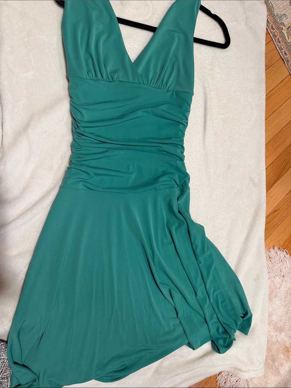 Velvet Torch Teal V-Neck Ruched Women’s Dress